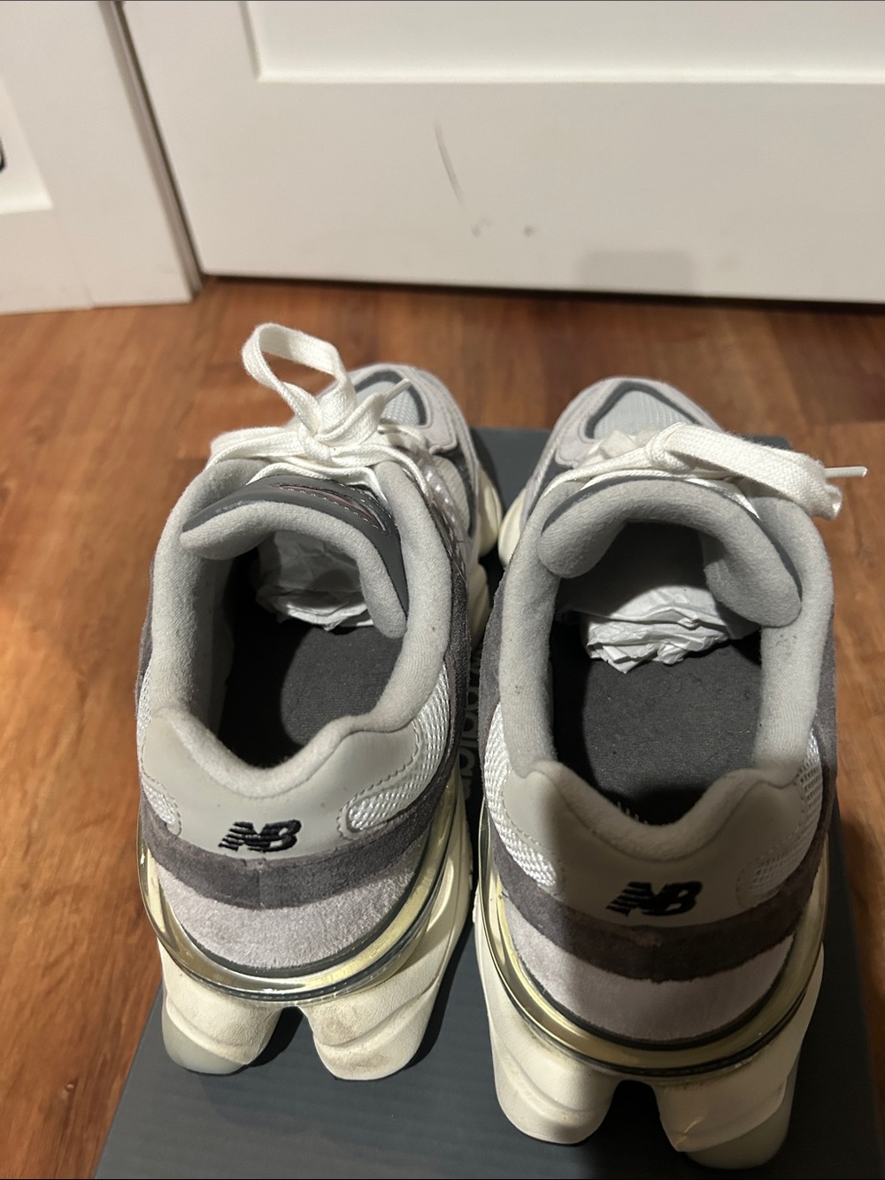 New Balance 9060 Gray & Cream Mesh Suede Sneakers - Picture 6 of 7